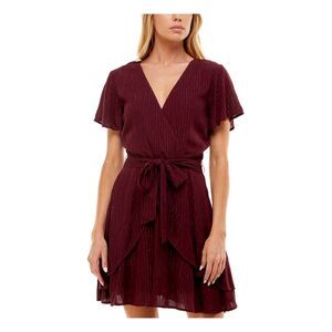 SPEECHLESS Womens Tie-belt Layered Flutter Sleeve Mini Fit + Flare Dress